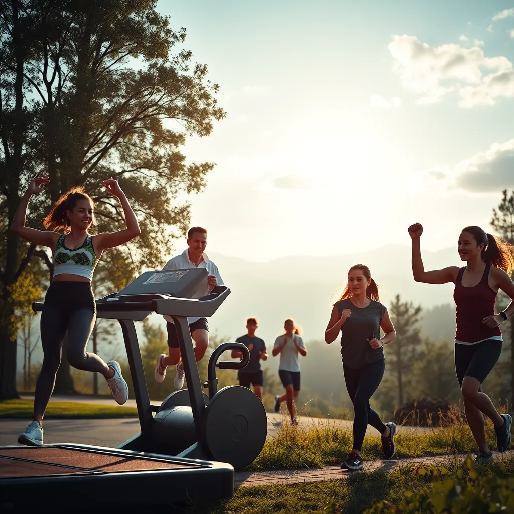 A diverse group of people exercising in various activities. A woman doing yoga in a park, a man running on a treadmill, a group of friends playing basketball, a person lifting weights in a gym, and a family hiking in a scenic trail.