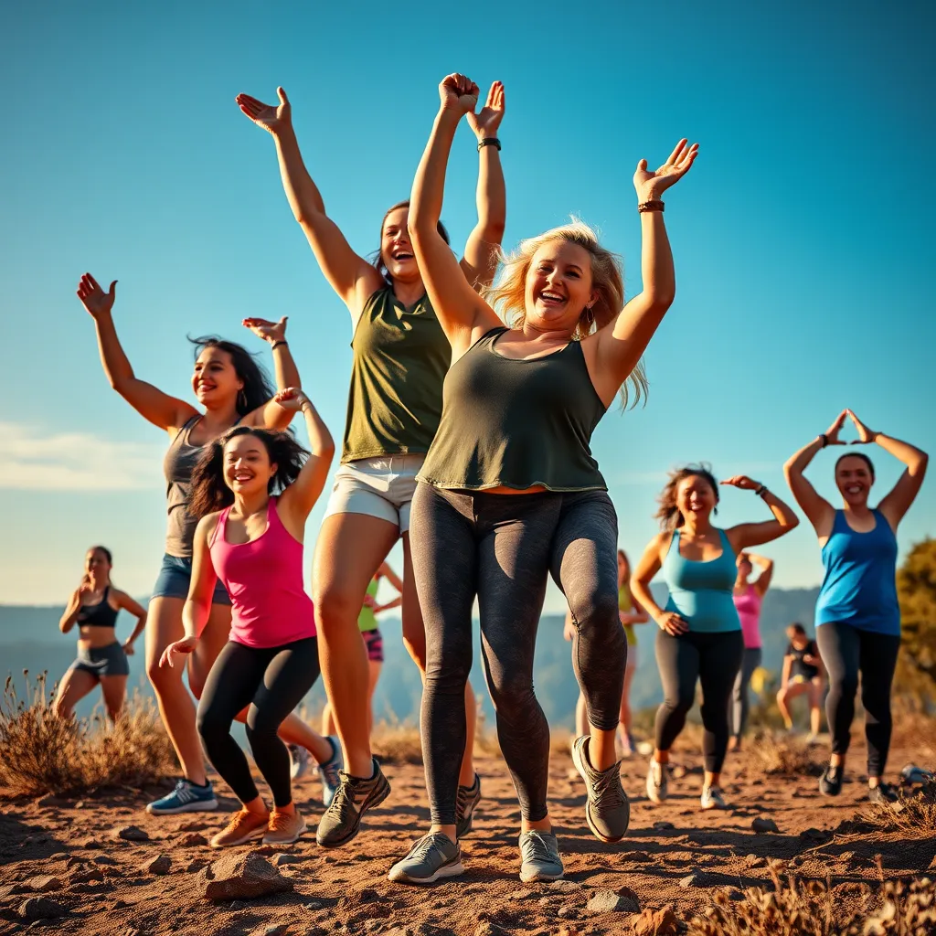 A diverse group of people happily participating in different fitness activities like dancing, hiking, swimming, and yoga, showcasing the variety and joy of exercise.