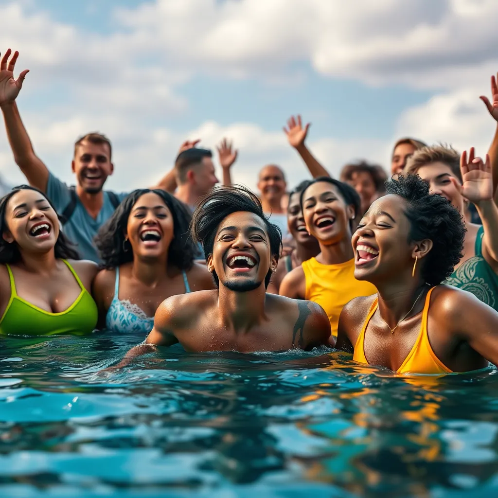 A diverse group of people laughing and enjoying themselves while participating in various activities like dancing, hiking, swimming, and playing sports. The image should convey a sense of energy and fun.