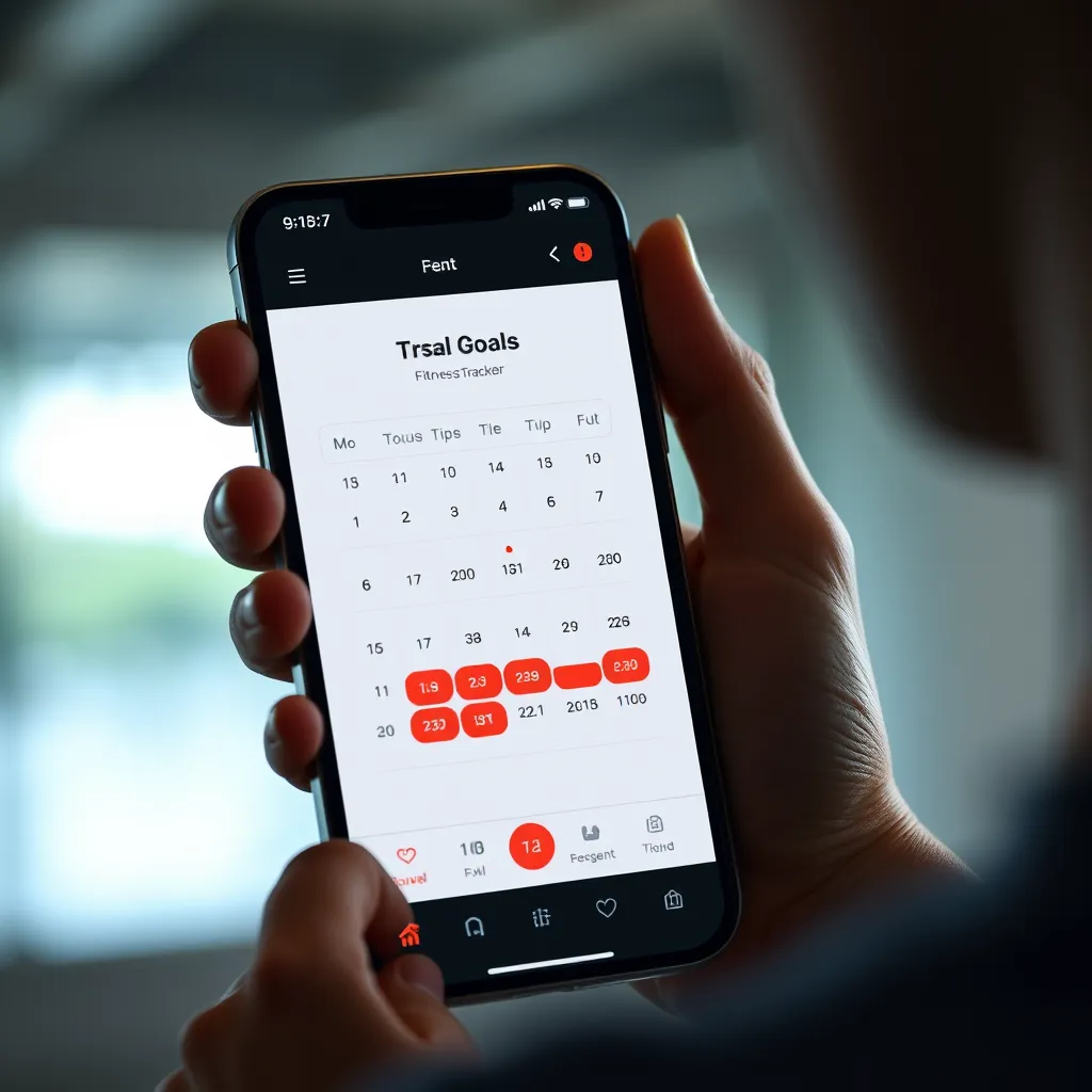 A person setting a goal on a fitness tracker app, with a calendar showing small, achievable steps leading to a larger fitness goal. The image should have a bright and motivational feel.