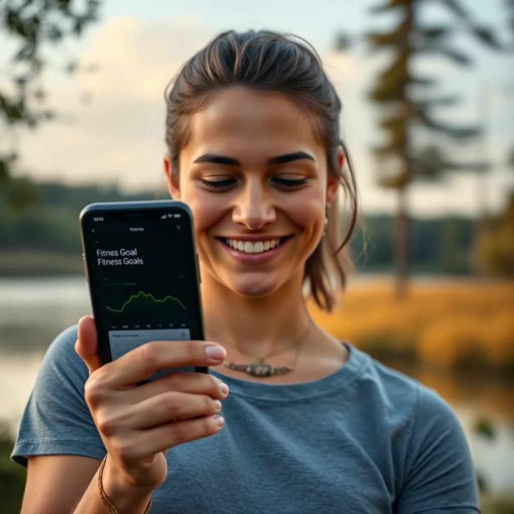 A person setting fitness goals on a phone app with a calendar and visual progress bar.  The person is smiling and looks motivated. The background is a tranquil nature scene, emphasizing a sense of peace and balance.