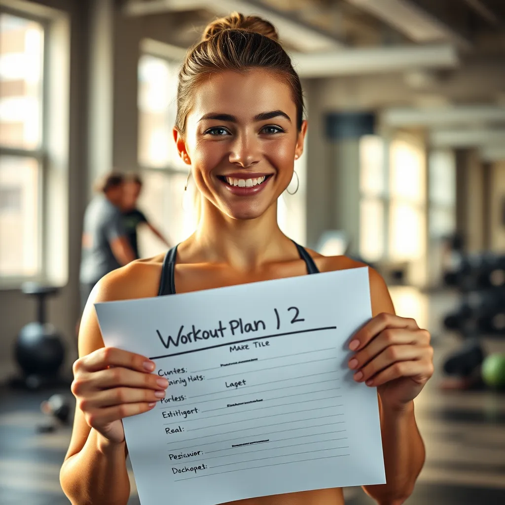A person smiling and looking confident while holding a workout plan with realistic goals written on it, in a bright and inspiring fitness studio setting.