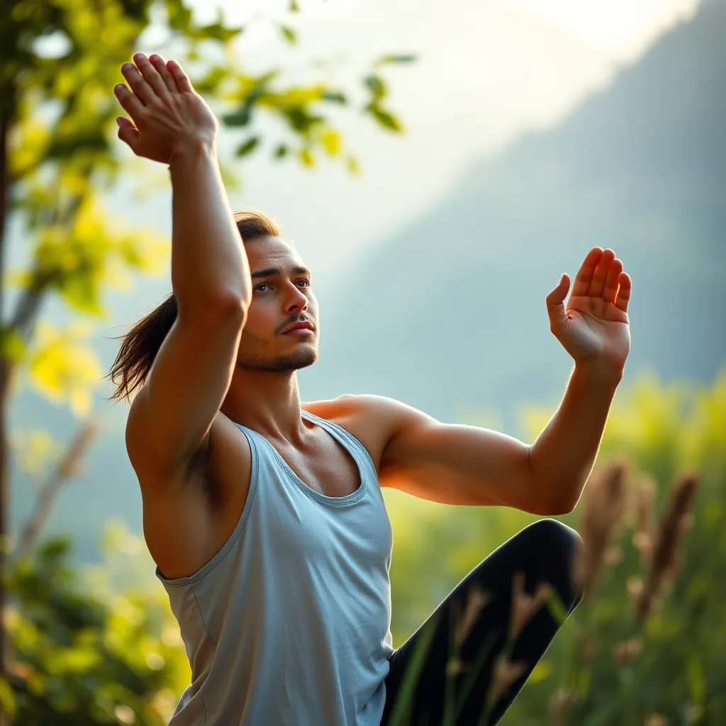 A person stretching with a peaceful expression, surrounded by nature, emphasizing the importance of listening to and respecting one's body during fitness.