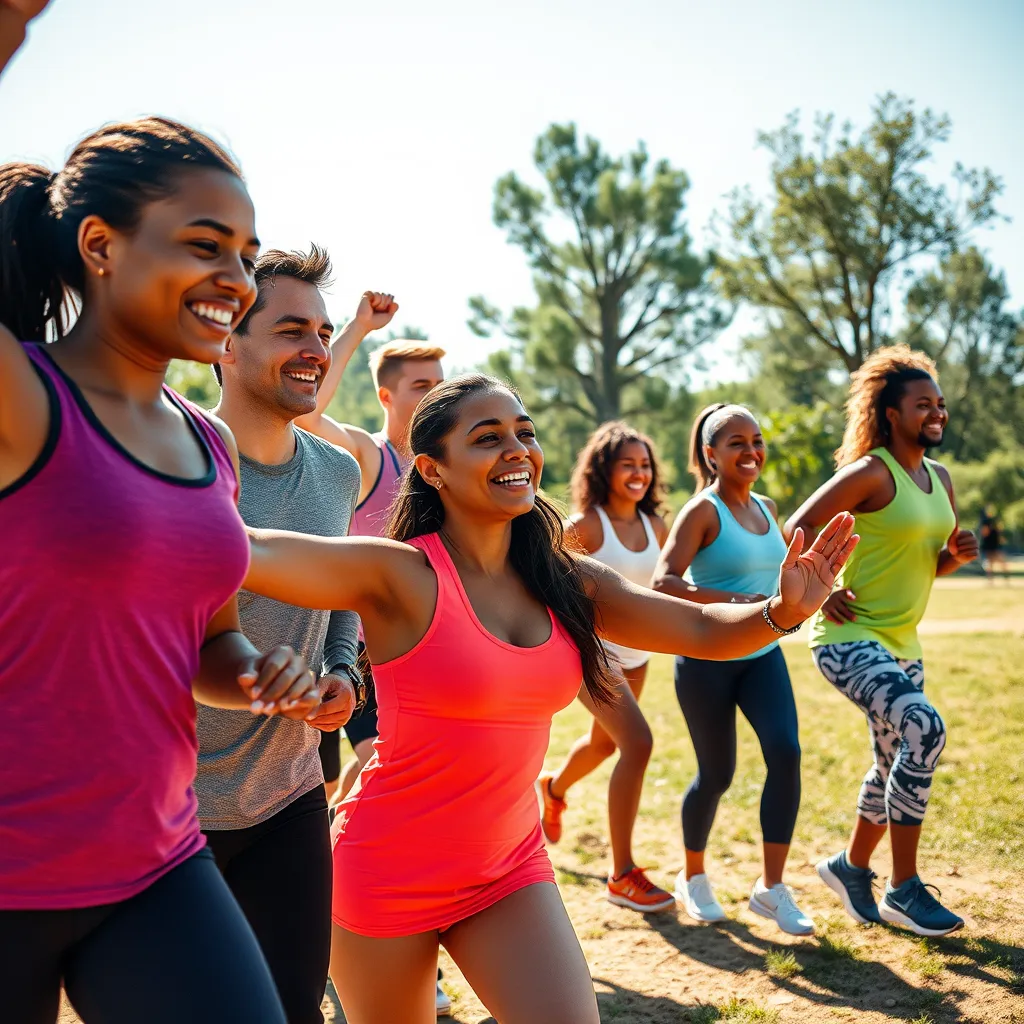 A photorealistic image of a diverse group of individuals engaged in a variety of fitness activities outdoors. The scene should be dynamic and energetic, capturing the spirit of teamwork and support. The lighting should be bright and sunny, with a natural color palette that highlights the vibrant energy of the group. The image should be 8K resolution, hyperrealistic, and showcase the details of the individuals' clothing, the expressions on their faces, and the natural surroundings. The image should be in the style of a photorealistic painting, capturing the essence of human connection and achievement.