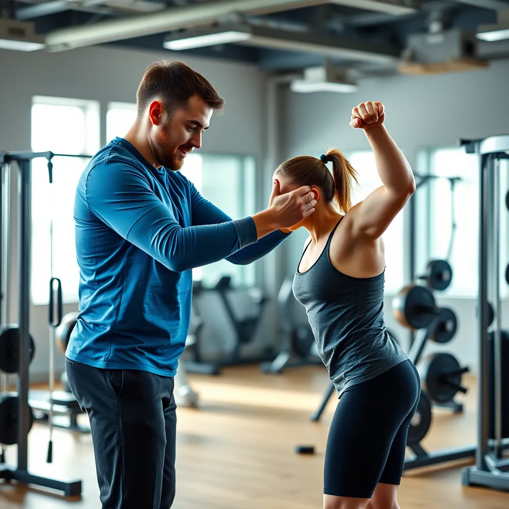 A photorealistic image of a personal trainer and client in a gym setting. The trainer is demonstrating a proper exercise technique, while the client is focused and engaged. The lighting is soft and diffused, highlighting the natural colors of the gym equipment. The image should capture a sense of motivation and progress, with a clean and modern aesthetic.  The image should be 8K resolution, ultra-detailed, and hyperrealistic.