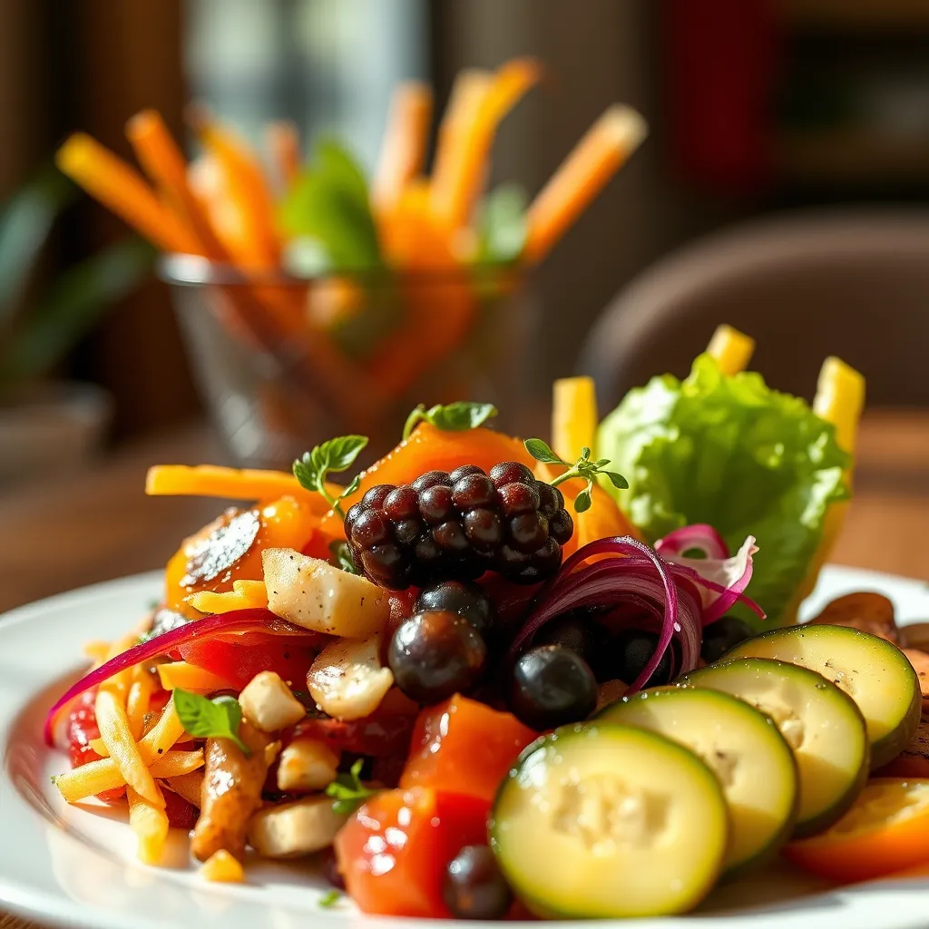 A vibrant and appetizing image of a colorful and balanced meal, showcasing healthy ingredients and portion sizes. The lighting should be natural and warm, emphasizing the texture and freshness of the food. The composition should be visually appealing and inviting, capturing the essence of healthy eating.  The image should be 8K resolution, hyperrealistic, and showcase a high level of detail, including the texture of the food, the sheen of the plate, and the reflections of light.