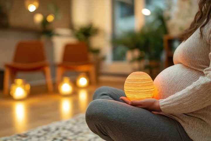 A photorealistic image of a doula providing gentle back massage to a pregnant woman during labor. The woman is resting comfortably, with her partner supporting her. Soft lighting, calming environment, focusing on support and comfort. 4k resolution.
