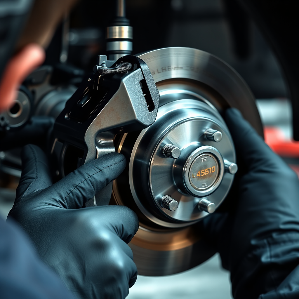 A photorealistic image of a mechanic inspecting a brake system. The focus should be on the brake rotor, caliper, and pads. The image should convey a sense of precision and attention to detail. Color palette is professional, with a focus on the metallic components of the braking system. Technical specs: 4K resolution.