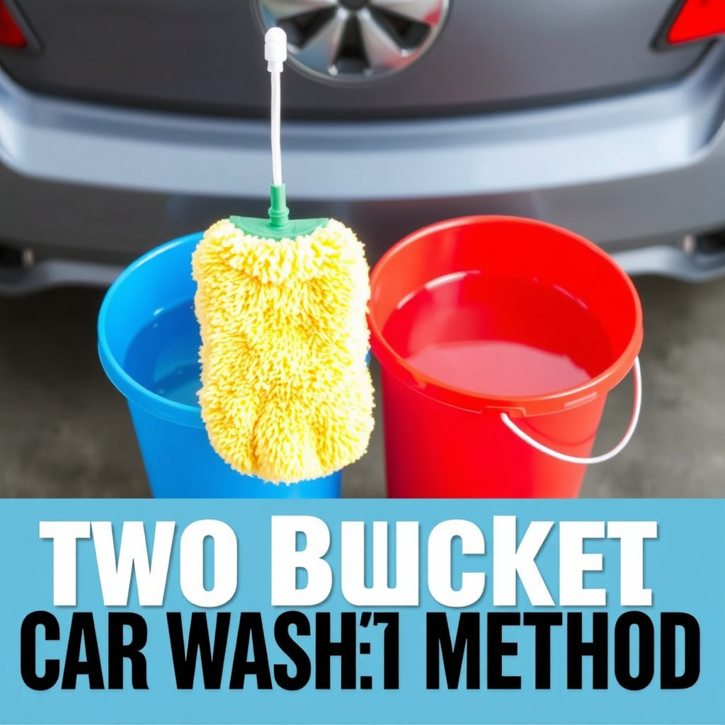 A stylized image depicting the two-bucket car washing method. Two brightly colored buckets (one blue, one red) should be placed side-by-side, with a soapy mitt suspended over one and clear water in the other. The background should be a blurred car exterior. The lighting should be soft and even, highlighting the colors of the buckets. The camera angle should be overhead, showing the contents of the buckets and the mitt. Style: clean, minimalist, informative.