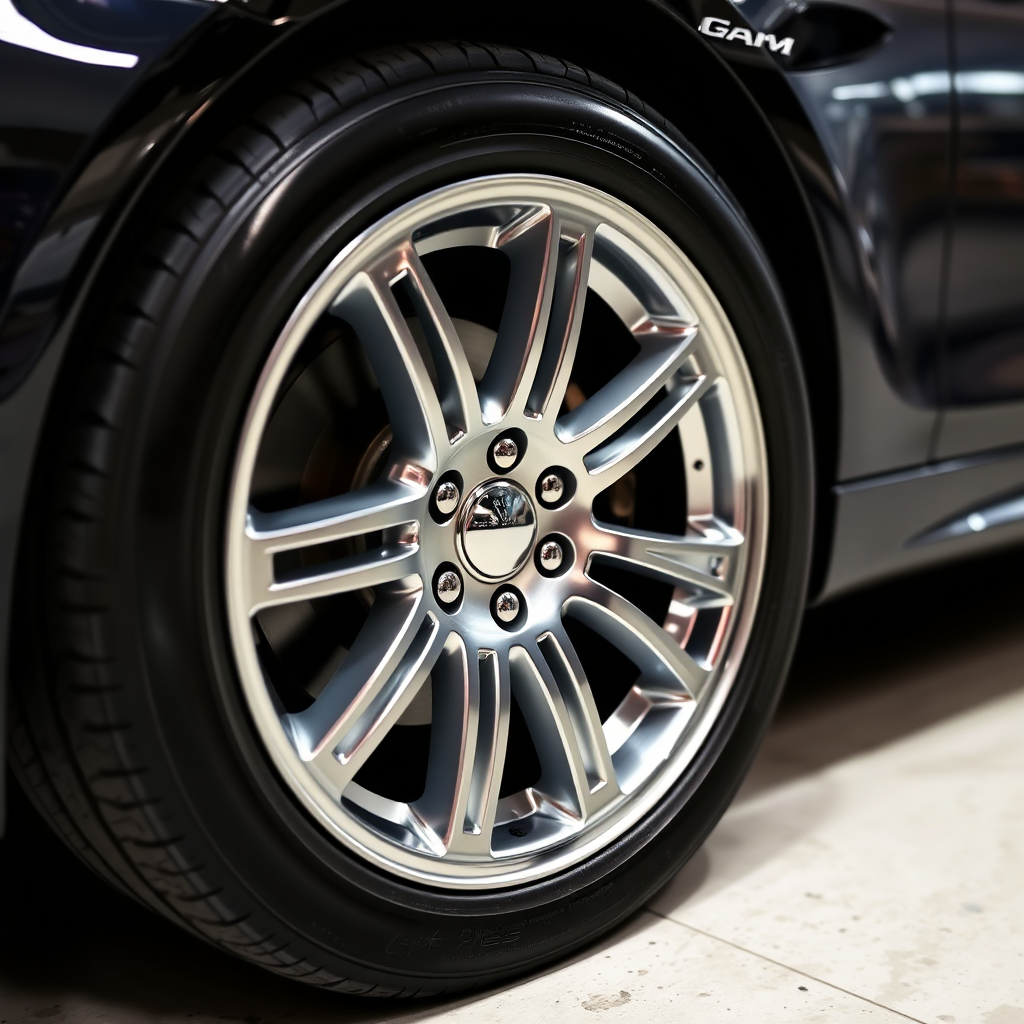 A stylized image of a clean, shiny wheel and tire after detailing. The wheel should be chrome or polished, and the tire should be black and glossy. The background should be a blurred image of a car in motion. The lighting should be focused on the wheel and tire, highlighting their cleanliness. Style: sleek, modern.