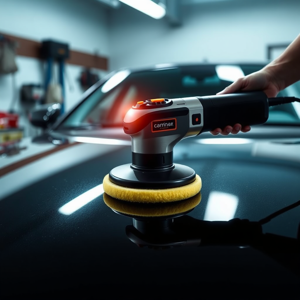 A stylized image of a dual-action polisher being used on a car's hood. The polisher should be emitting a soft glow, and the surrounding area should be protected with tape. The background should be a clean garage environment. The lighting should be focused on the polisher and the car's surface. Style: modern, dynamic.