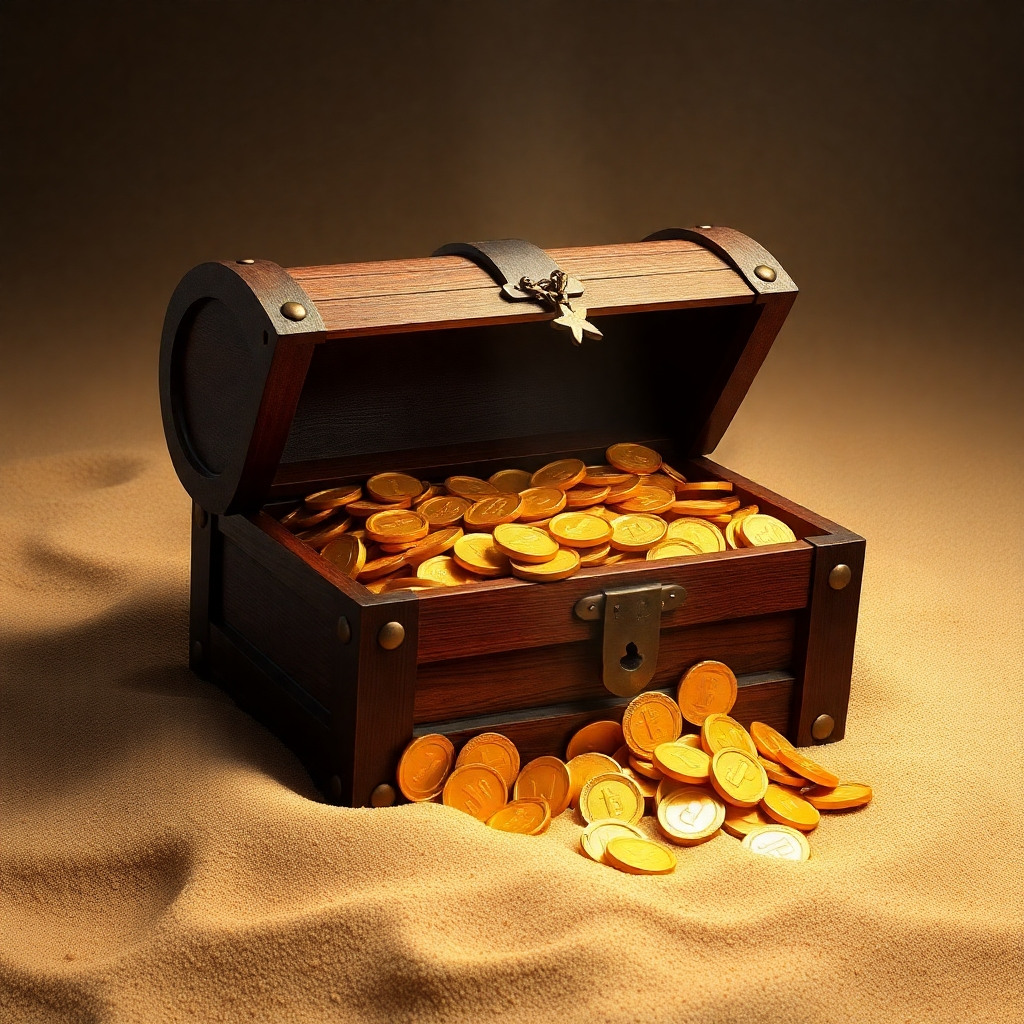 A treasure chest overflowing with gold coins, partially buried beneath sand, with a single ray of light shining down. It hints at uncovering hidden wealth and opportunities.