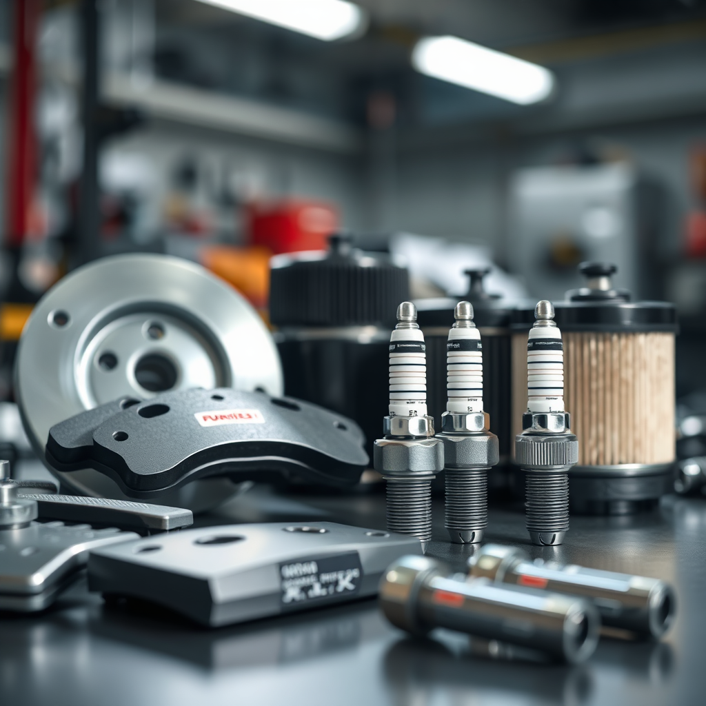A well-lit, photorealistic close-up shot showcasing a selection of new, high-quality auto parts (e.g., brake pads, filters, spark plugs) arranged neatly on a workbench. The parts should be clean and clearly branded. The background is blurred, emphasizing the quality and detail of the parts. The lighting is bright and even, highlighting the textures and materials. Color palette: silver, black, and pops of color from the part labels. Technical specs: 4K resolution.
