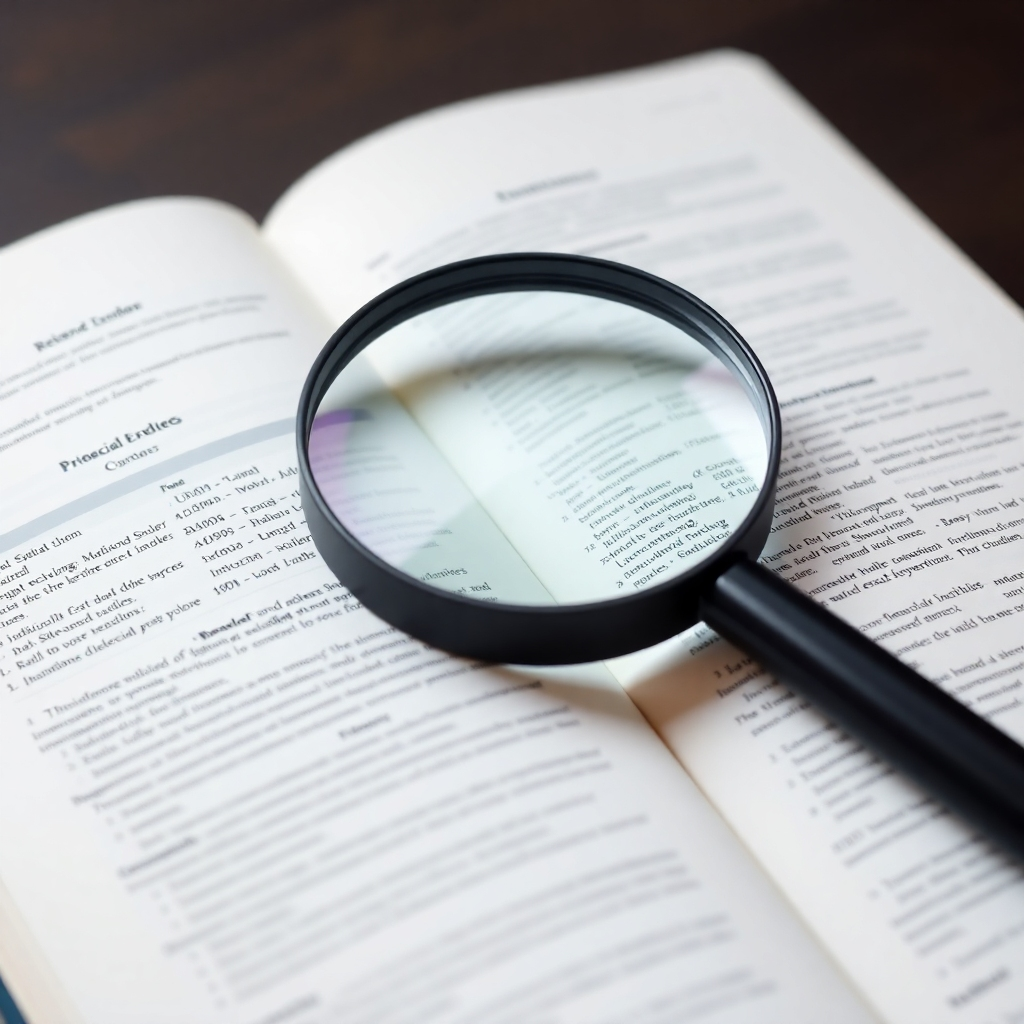 An open book with a magnifying glass resting on top. The pages of the book contain complex financial data and legal documents. The lighting is bright and focused. Style is professional and academic.