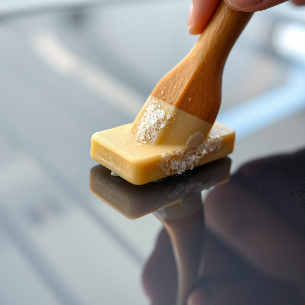 Create a close-up, photorealistic image showing a clay bar being used on a car's surface. The clay bar should be visibly picking up contaminants. The background should be a blurred reflection of the surrounding environment in the car's paint. The lighting should highlight the smooth surface of the paint after the clay bar is used. The camera angle should focus on the point of contact between the clay bar and the paint. Style: detailed, macro.