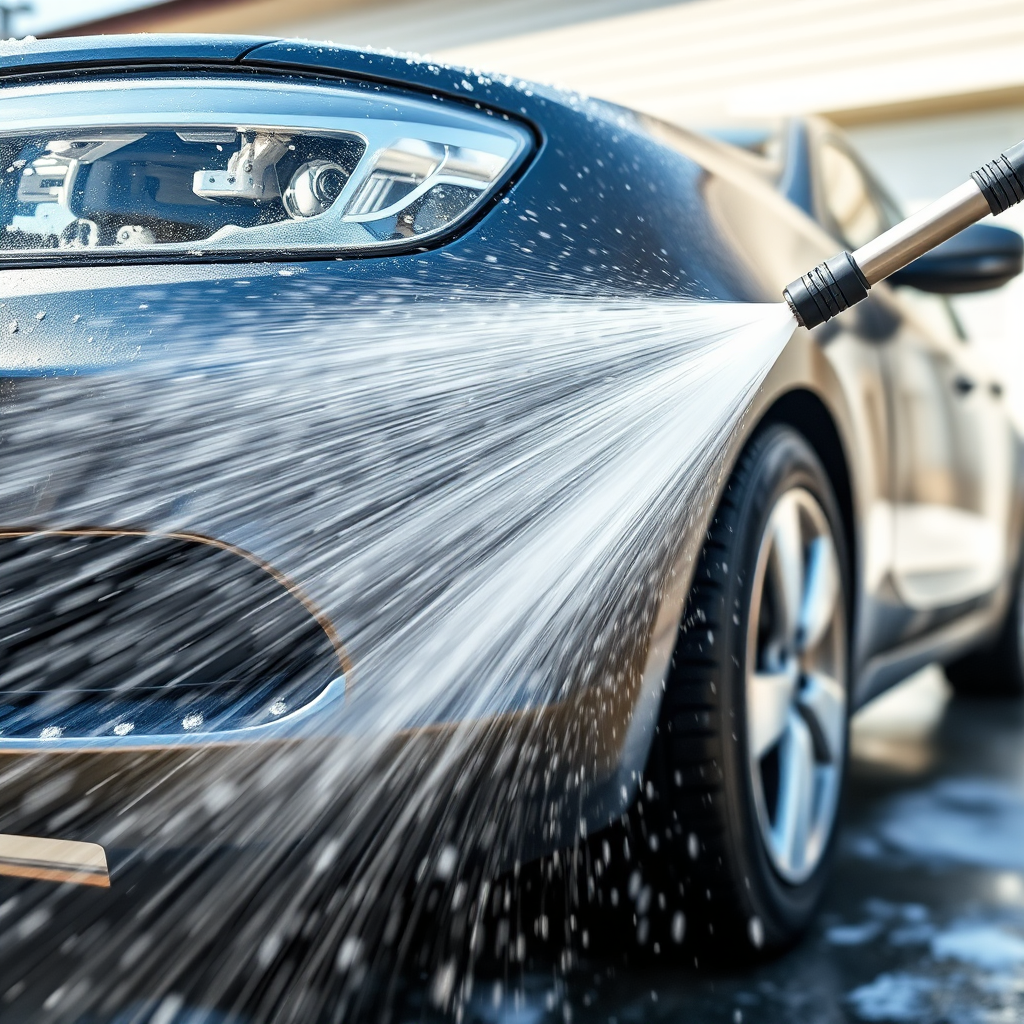 Create a photorealistic image of a car being pre-rinsed with a pressure washer. The car should be covered in loose dirt and grime, and the water stream should be powerful and effective in removing the debris. The background should be a typical driveway or car washing area. The lighting should be bright and clear, showcasing the effectiveness of the pre-wash. The camera angle should be from a slightly low perspective, emphasizing the power of the water stream. Style: realistic, practical.