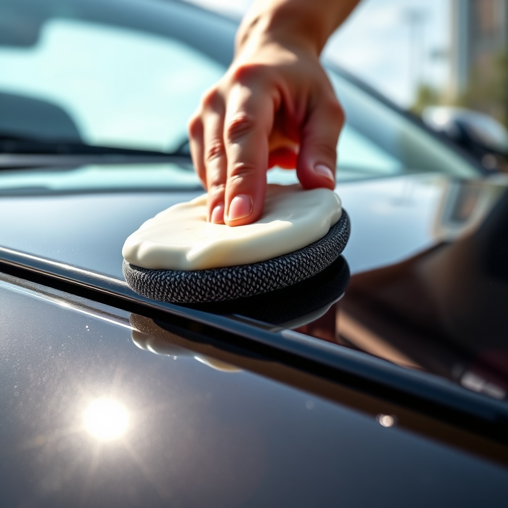 Create a photorealistic image showing a hand applying wax to a car's surface with an applicator pad. The wax should be creamy and smooth, and the car's paint should be glossy. The background should be a bright, sunny day. The lighting should highlight the shine of the wax. The camera angle should be close-up, emphasizing the application process. Style: luxurious, clean.
