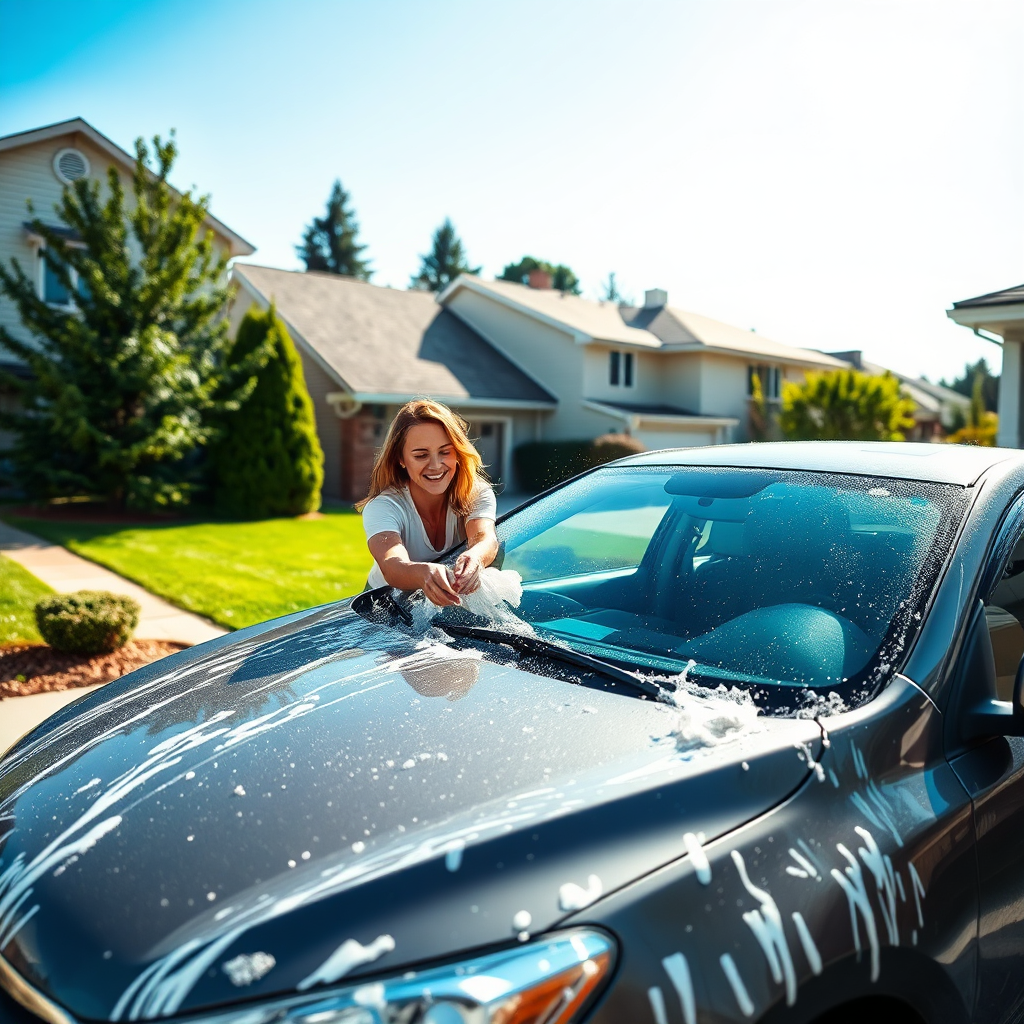 Create a photorealistic image of a car being washed in a driveway on a sunny day. The car should be clean and shiny, and the person washing it should be smiling and enjoying the process. The background should be a typical suburban neighborhood. The lighting should be bright and cheerful, emphasizing the positive aspects of car maintenance. The camera angle should be from a medium distance, showing the entire scene. Style: realistic, wholesome.