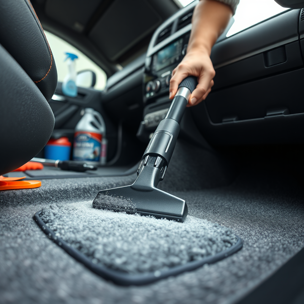 Create a photorealistic image of a car interior being meticulously cleaned. The image should focus on a person vacuuming the floor mats, with attention to detail on the textures of the carpet and upholstery. The background should include other interior detailing tools and products. The lighting should be bright and clean, highlighting the cleanliness of the interior. The camera angle should be from a slightly low perspective, emphasizing the depth of the interior. Style: professional, practical.