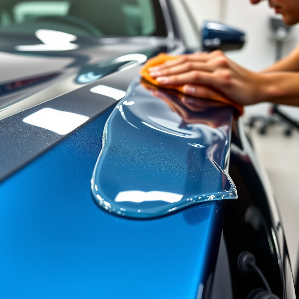 Create an image showcasing a car being waxed, with visible shine and water beading on the surface. Focus on highlighting the wax application process and the resulting glossy finish. The setting should be a professional detailing studio.