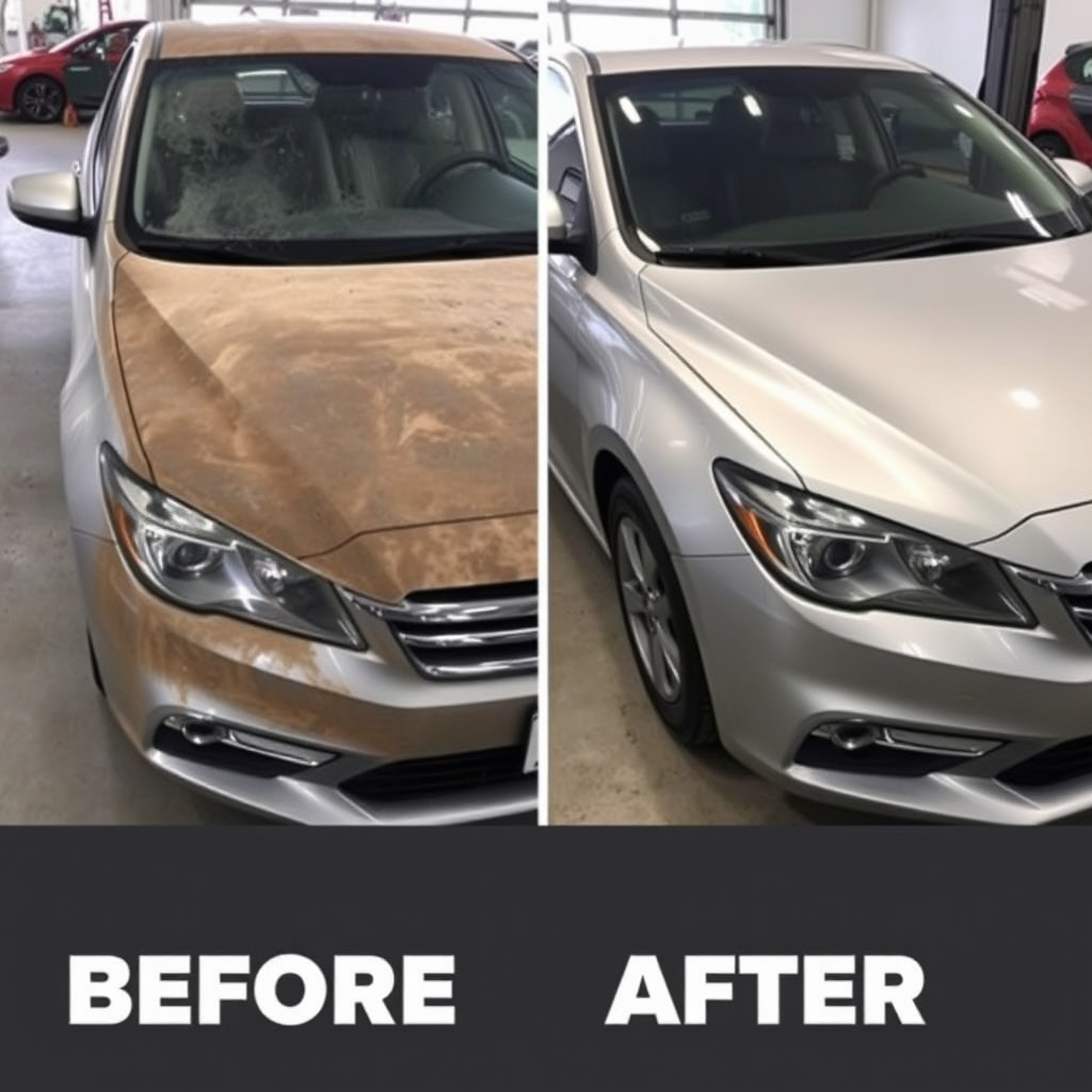 Create an image showing a before-and-after comparison of a car that has undergone a full detailing service. The 'before' side should show a dirty, neglected car, while the 'after' side should show a clean, shiny, and well-maintained car. Use a split-screen effect to highlight the transformation.