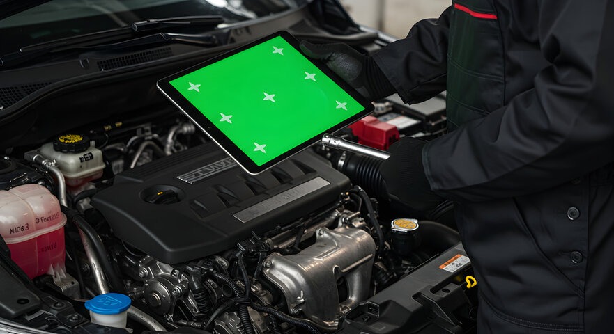 A photorealistic image of a mechanic using a diagnostic scan tool on a car's computer system. The focus should be on the tool's screen displaying complex data and the mechanic's focused expression. The background is slightly blurred, showcasing the interior of the car. The lighting is soft and diffused. Color palette should be professional. Technical specs: 4K resolution.