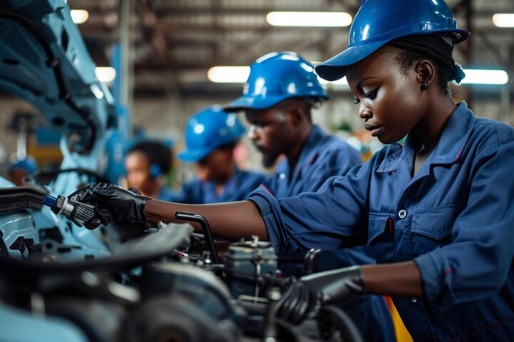 A group portrait of certified auto mechanics standing in front of a well-maintained auto repair shop. The mechanics are wearing clean uniforms and smiling confidently. The lighting is natural and warm. The color palette is professional and inviting. Focus on showcasing their friendly and reliable nature. Technical specs: 4K resolution.