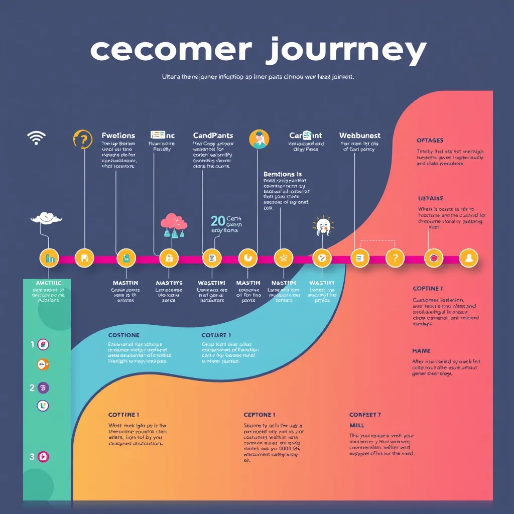 A colorful infographic depicting a customer journey map with various stages, each stage represented by a different icon and color. The map should include touchpoints, emotions, and possible pain points throughout the journey.