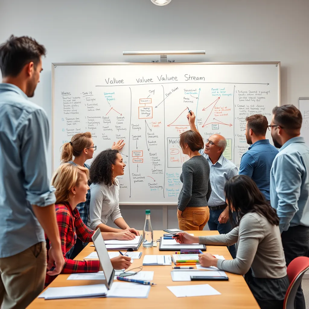A diverse group of people from different departments working collaboratively around a large whiteboard, filled with notes and diagrams, showcasing the mapping and improvement of a value stream. The scene should be bright and energetic, with a positive and inclusive atmosphere.