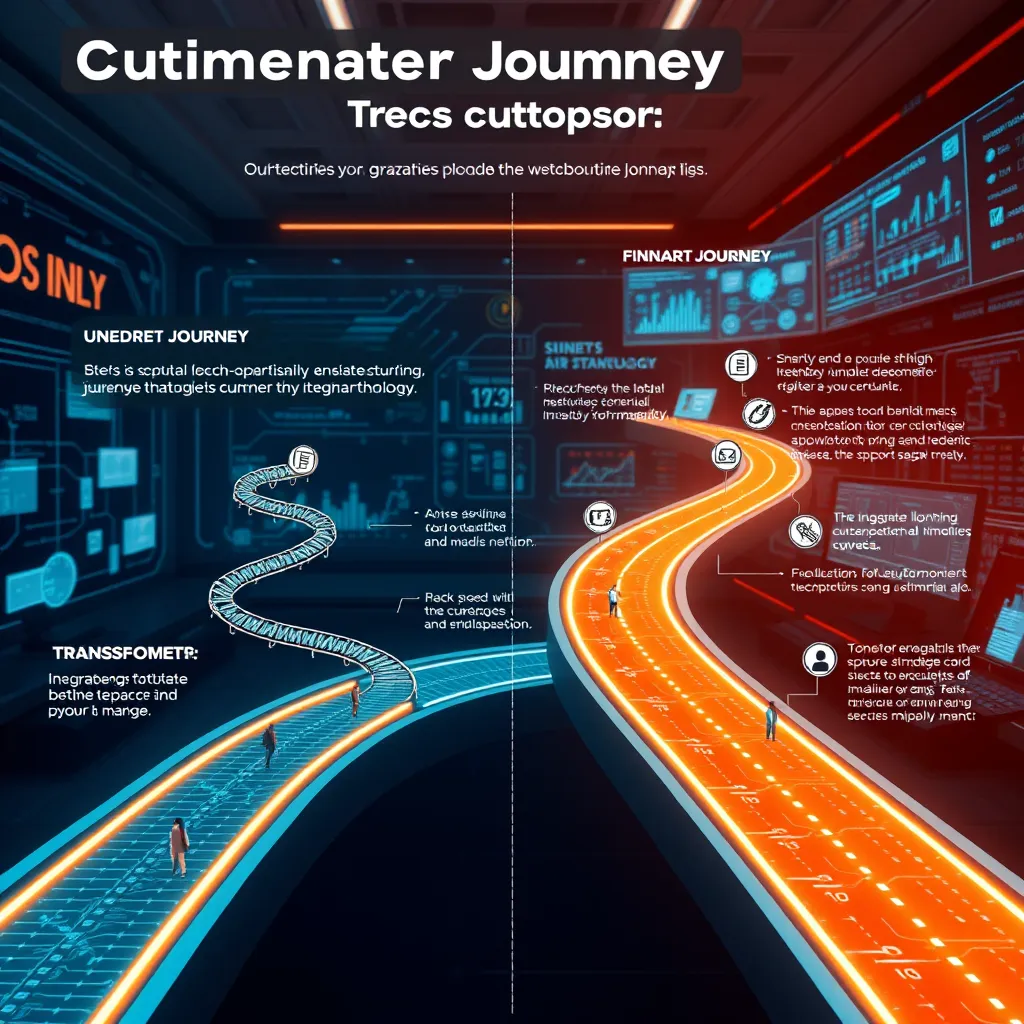 A dynamic infographic depicting a customer journey being transformed by technology. The initial journey is represented by a winding, complex path with roadblocks and obstacles. The transformed journey is a smooth, straight path with integrated technology, automated processes, and simplified interactions. The background features a futuristic technology setting with devices, screens, and data visualizations, representing the integration of technology.
