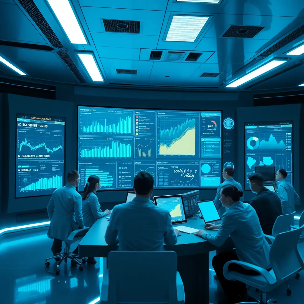 A futuristic control room with a large screen displaying real-time customer data, feedback, and analytics. A team of professionals are analyzing the information, collaborating and implementing changes to the value stream based on the data. The scene should be modern and technologically advanced, emphasizing data-driven decision-making.