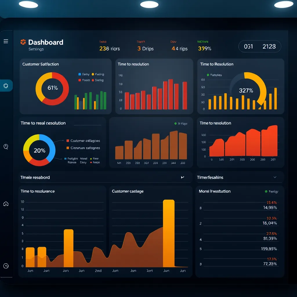 A modern dashboard with data visualizations representing key metrics like customer satisfaction, conversion rates, and time to resolution. The dashboard should be designed with a user-friendly interface and clear insights.