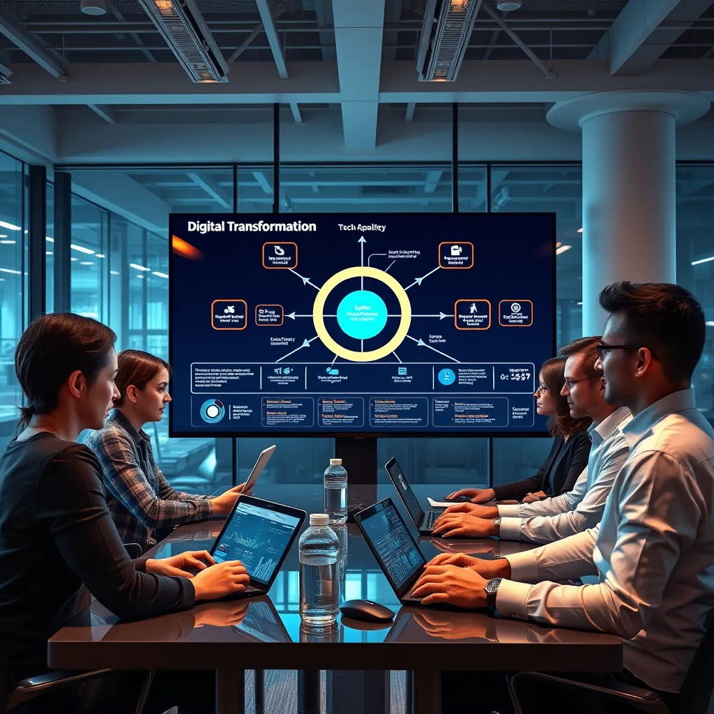A photorealistic, ultra-high quality image of a modern, tech-savvy office space with a team of professionals working on a digital transformation strategy. The image should feature a large screen displaying a digital roadmap with interconnected nodes representing various business processes, technologies, and key performance indicators. The team members are using laptops, tablets, and interactive displays to collaborate on the strategy, leveraging data analytics, cloud computing, and automation technologies. The image should be vibrant and dynamic, with a sense of innovation and progress. The lighting should be bright and contemporary, highlighting the digital elements of the strategy. The camera angle should be wide, capturing the entire team and the digital elements of the strategy. The image should be 8K resolution, hyperrealistic, and ultra-detailed, capturing the fine details of the technology, the faces of the professionals, and the overall atmosphere of the workspace.