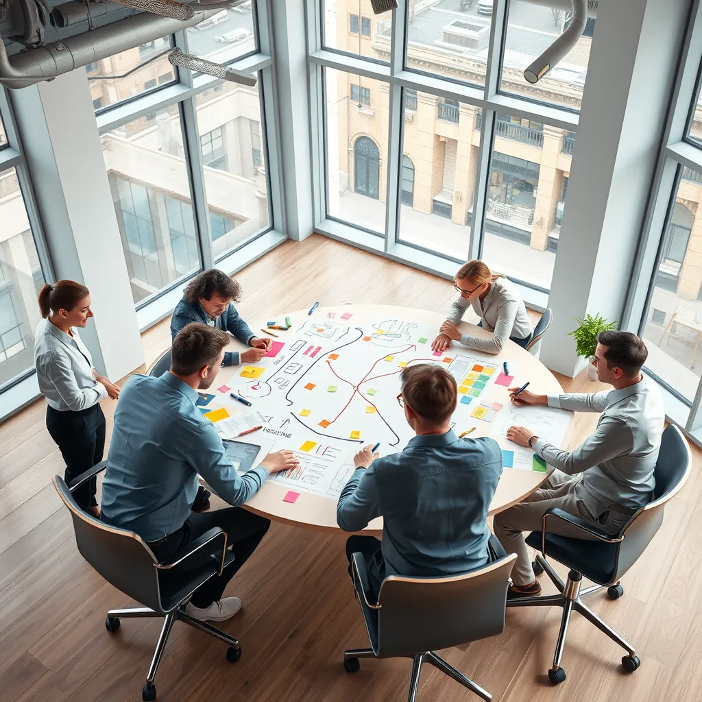 A photorealistic, ultra-high quality image of a modern, open-plan office space with a team of professionals collaborating around a large table, representing a value stream mapping session. The table is covered with a whiteboard, charts, and diagrams, depicting the flow of value from customer needs to product delivery. The team is using colorful markers and sticky notes to annotate the map, identifying areas for improvement and potential bottlenecks. The office has large windows that provide natural light, creating a bright and airy atmosphere. The image should capture a sense of focus and collaboration, with the team members actively engaged in discussion and analysis. The color palette should be clean and modern, with a focus on the details of the charts, diagrams, and tools used. The camera angle should be at eye level, providing a clear view of the table and the team members. The image should be 8K resolution, hyperrealistic, and ultra-detailed, capturing the fine details of the whiteboard, markers, sticky notes, and facial expressions of the team members.