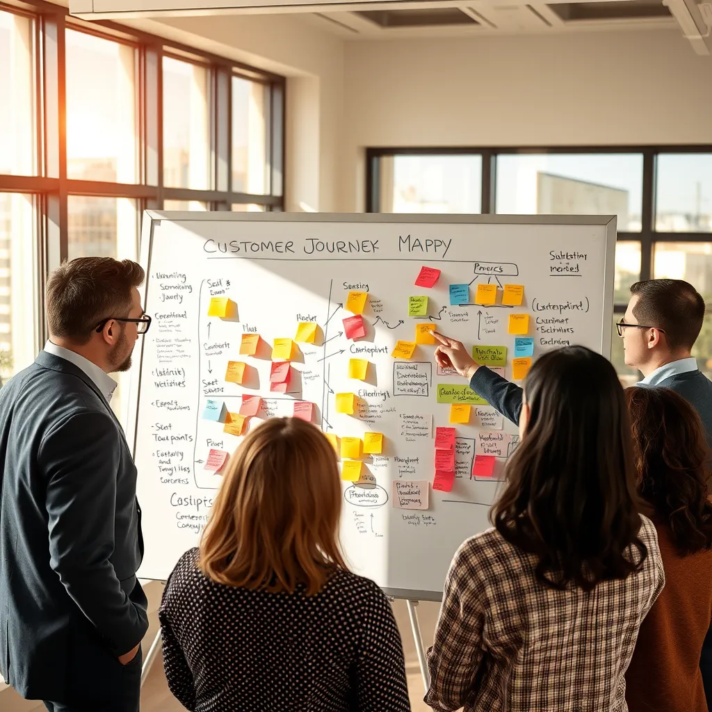 A photorealistic, ultra-high quality image of a team of consultants gathered around a large whiteboard covered in sticky notes and diagrams, representing a customer journey map. The whiteboard is filled with colorful sticky notes, arrows, and handwritten text, depicting various stages of the customer journey, touchpoints, and pain points. The room is brightly lit with natural light streaming in from large windows, creating a sense of collaboration and innovation. The consultants are diverse in age, gender, and ethnicity, and they are engaged in lively discussion, pointing at the whiteboard and sharing ideas. The image should have a warm, inviting color palette, with a focus on the details of the whiteboard and the expressions of the consultants. The camera angle should be slightly elevated, creating a dynamic and engaging perspective. The image should be 8K resolution and hyperrealistic, capturing the fine details of the sticky notes, whiteboard markers, and facial expressions of the consultants.