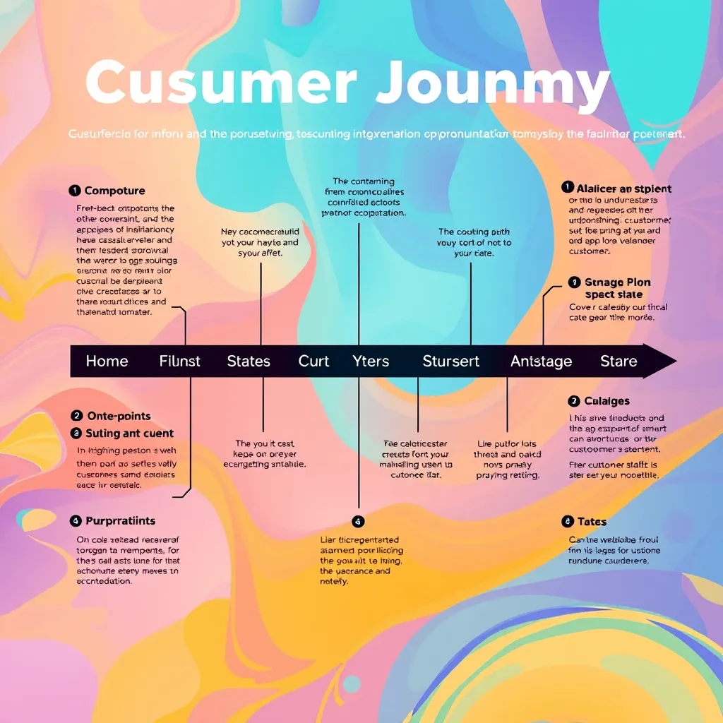 A stylized infographic depicting a customer journey map, showcasing various touchpoints and stages, with arrows connecting them, emphasizing key pain points and opportunities for improvement. The background should be a vibrant, abstract pattern representing the flow of customer interaction.