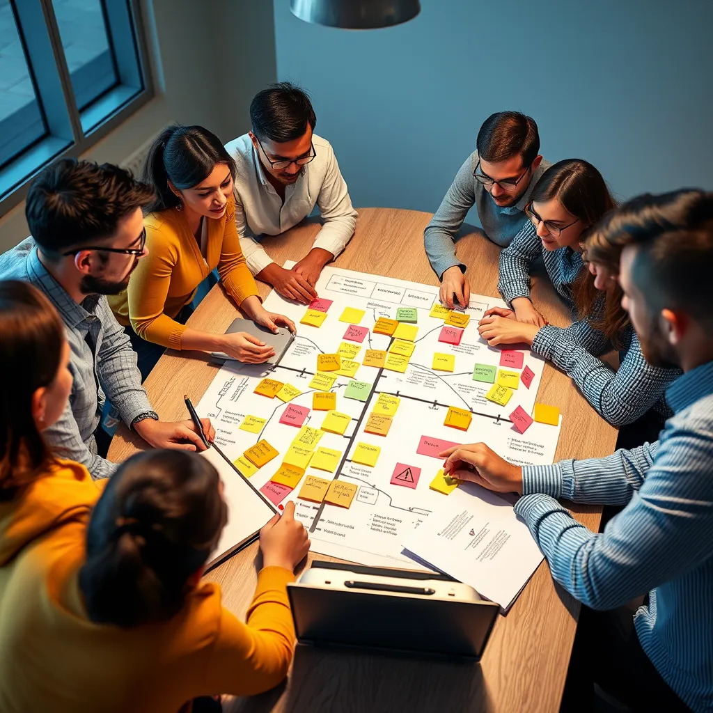 A team of people working around a table, analyzing a customer journey map. They use sticky notes with different colors representing different customer touchpoints and stages. Some notes have exclamation marks, highlighting bottlenecks and areas of friction. The team is diverse and engaged in a collaborative discussion, using a laptop and other tools to analyze data.