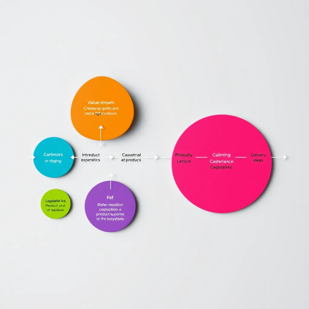 A visual representation of a value stream, showing the various steps involved in delivering a product or service to the customer. Each step should be represented by a distinct shape, and the flow should be clear and visually appealing. The image should highlight areas for improvement.