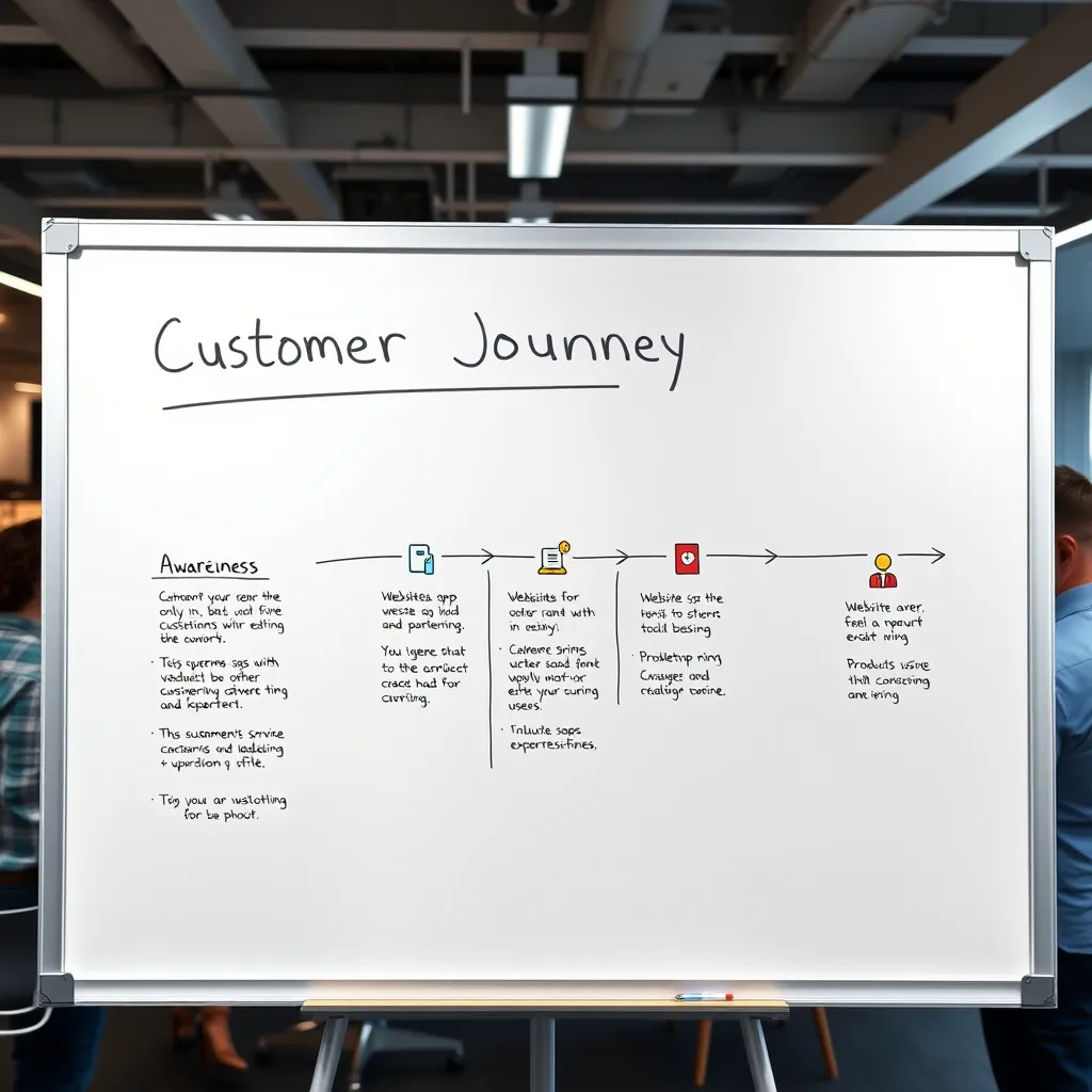 A whiteboard with a flowchart depicting a customer journey, starting with awareness and ending with loyalty. Each step has a brief description and icons representing touchpoints, such as websites, apps, customer service interactions, and product usage. The flowchart is colorful and visually appealing, with arrows connecting each step. The background is a modern office setting with people collaborating around the whiteboard.