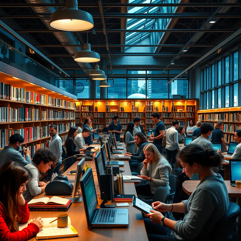 A bustling modern library with people of different ages and backgrounds engaging with various types of resources: books, computers, and tablets. Some are in group discussions, while others are studying alone. Warm, inviting lighting and a diverse array of learning tools are prominently featured.