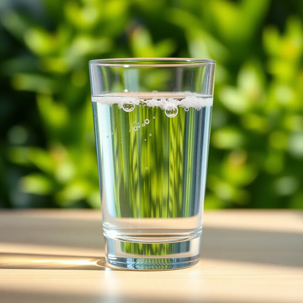 A close-up image of a clear glass of water with small bubbles of molecular hydrogen rising to the surface, placed on a light wooden table. In the background, soft-focus greenery symbolizing freshness and health. Bright and vibrant colors to emphasize purity.