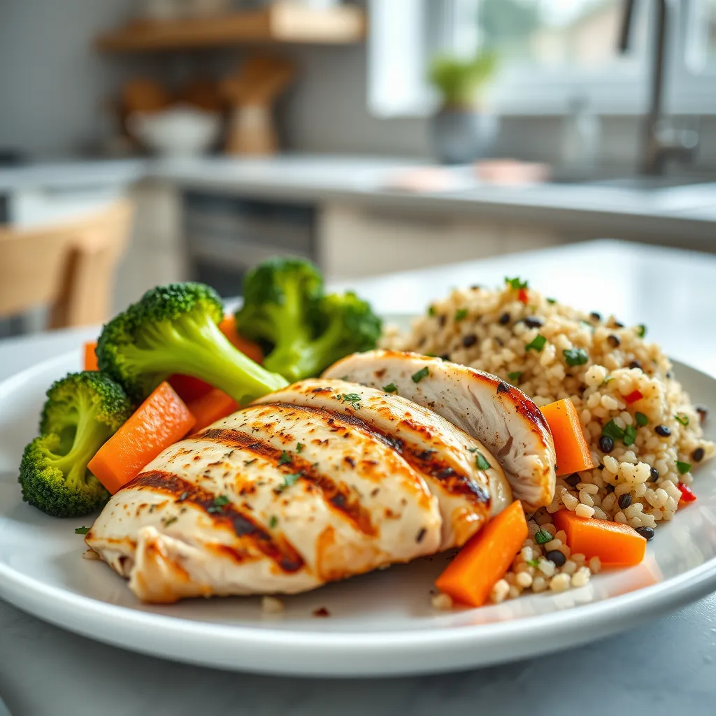 A close-up of a well-balanced plate of food rich in protein, including grilled chicken breast, steamed vegetables like broccoli and carrots, and a side of quinoa. The setting is a clean, modern kitchen with natural light highlighting the freshness of the ingredients.