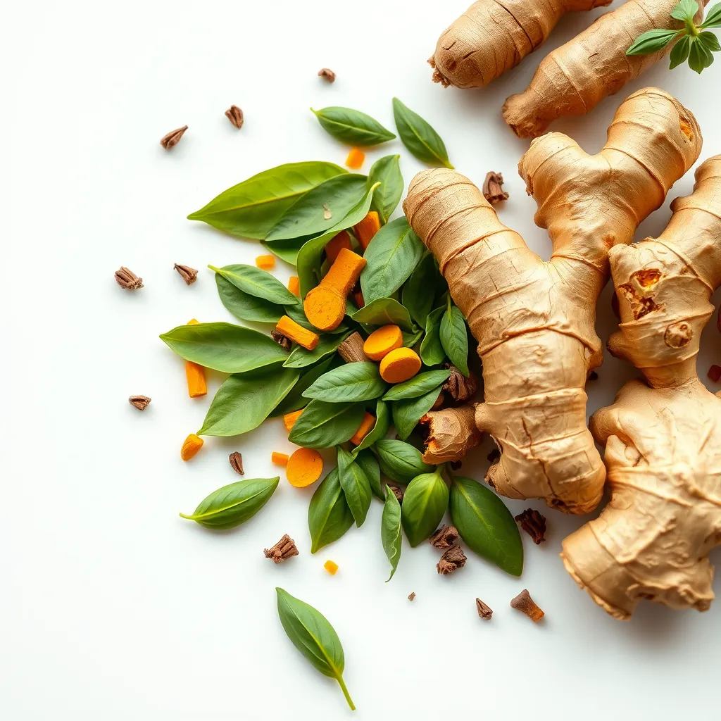 A close-up of various natural herbs and plants such as green tea leaves, turmeric roots, and ginger neatly arranged on a smooth white surface. The herbs look fresh, colorful, and vibrant, symbolizing purity and health.