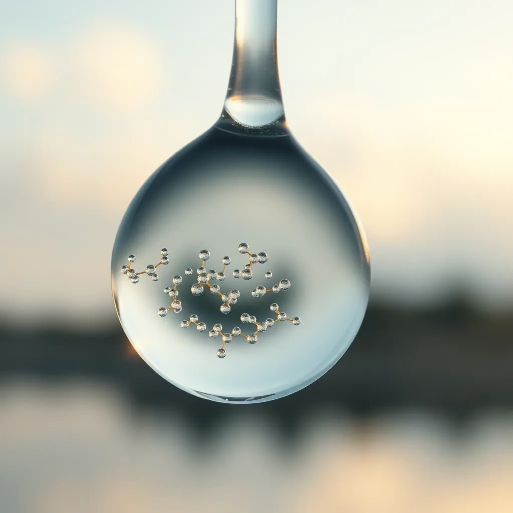 A close-up serene visualization of a water droplet infused with tiny hydrogen molecules. The droplet is shown magnified against a background of a peaceful nature scene, emphasizing clarity and purity, with soft light refractions creating a calm ambiance.