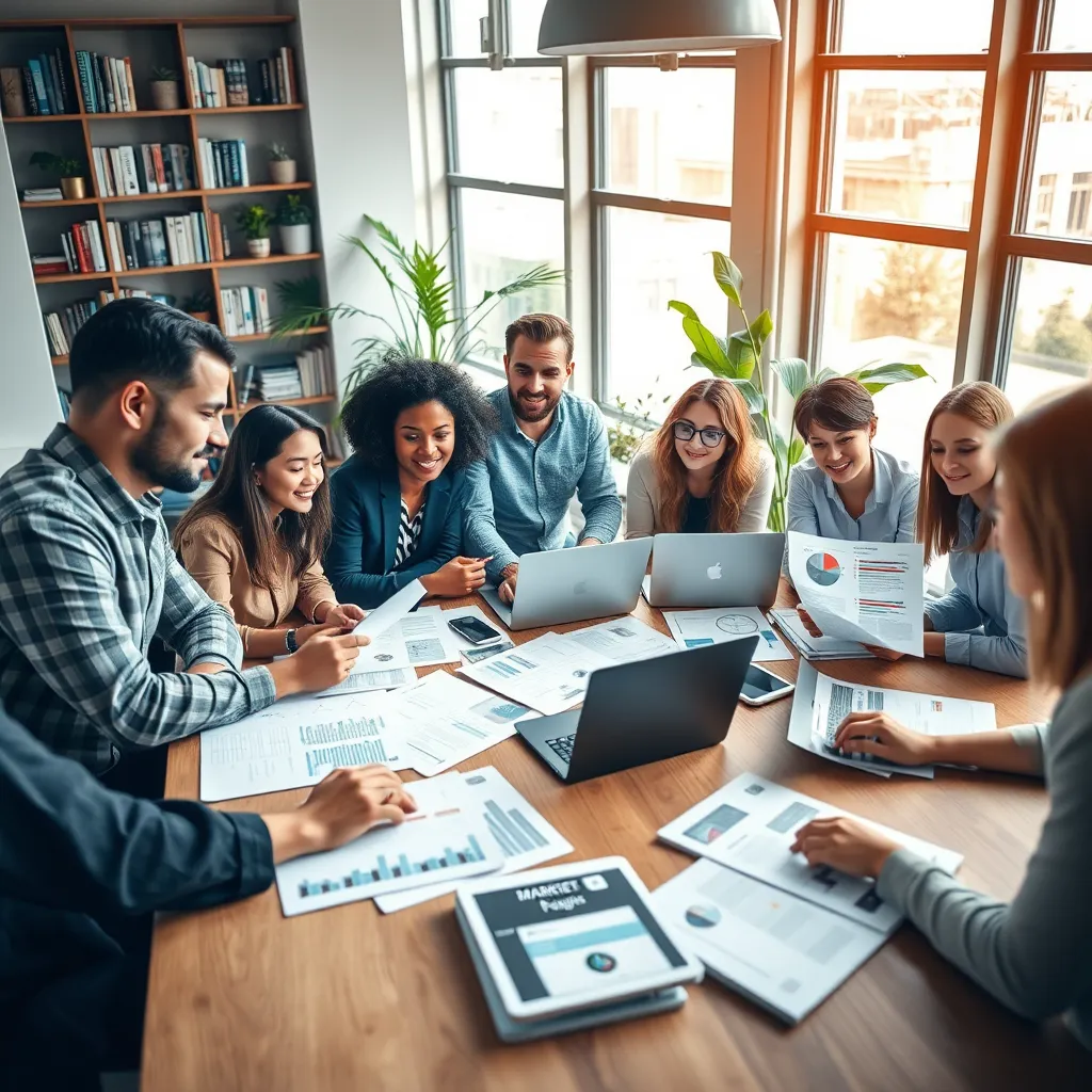 A close-up shot of a diverse group of entrepreneurs gathered around a large table covered with market research reports and laptops. The setting is a modern co-working space with large windows letting in ample natural light, creating a soft diffused lighting condition. The color palette includes warm tones of wooden textures on the table contrasted with sleek, modern technology. The mood is collaborative and focused as they analyze data. The camera angle is at eye level, providing a detailed view of the individuals' expressions and the materials on the table. The background features stylish bookshelves with business books and green plants, adding a touch of freshness. Textures include the smooth surface of laptops, matte paper of reports, and the softer fabrics of the seating. The image is hyperrealistic, ultra-detailed, in 8K resolution, capturing every element in vivid detail, in the style of Annie Leibovitz.