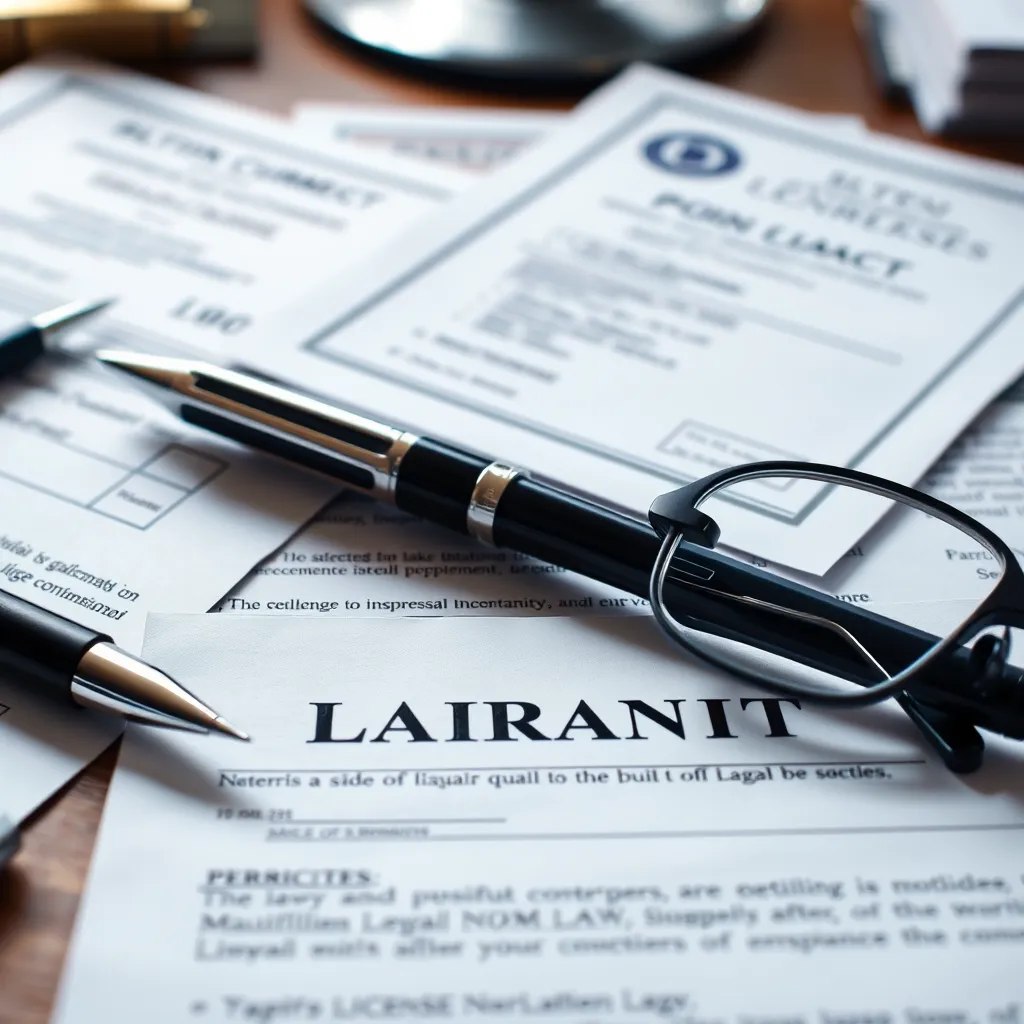 A close-up shot of a well-organized desk with various legal documents, including contracts, business licenses, and permits, neatly laid out. A pen and a set of reading glasses are placed on top of the documents, indicating active review and signing.