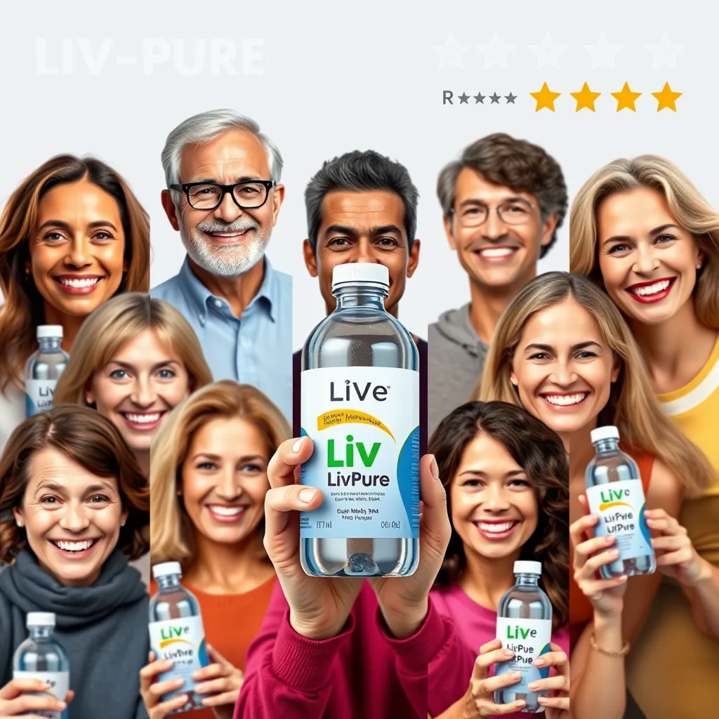 A collage of smiling individuals of various ages holding Liv-Pure bottles. Each person looks healthy and happy, showcasing diverse backgrounds. Background elements include rating stars and positive review icons, representing customer satisfaction.