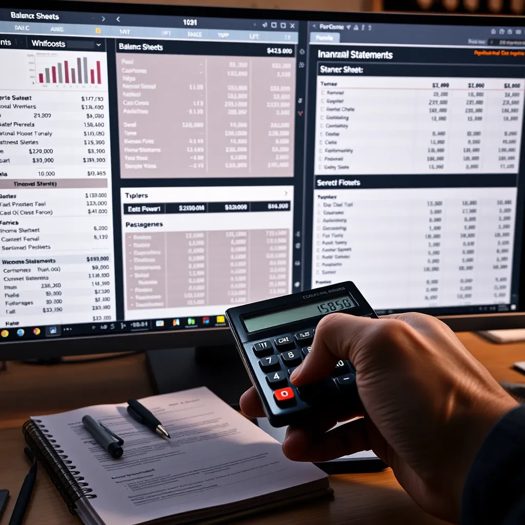 A computer screen displaying detailed financial statements like balance sheets, income statements, and cash flow analyses. In the foreground, a hand is holding a calculator, and a notebook with financial notes is open next to the computer.