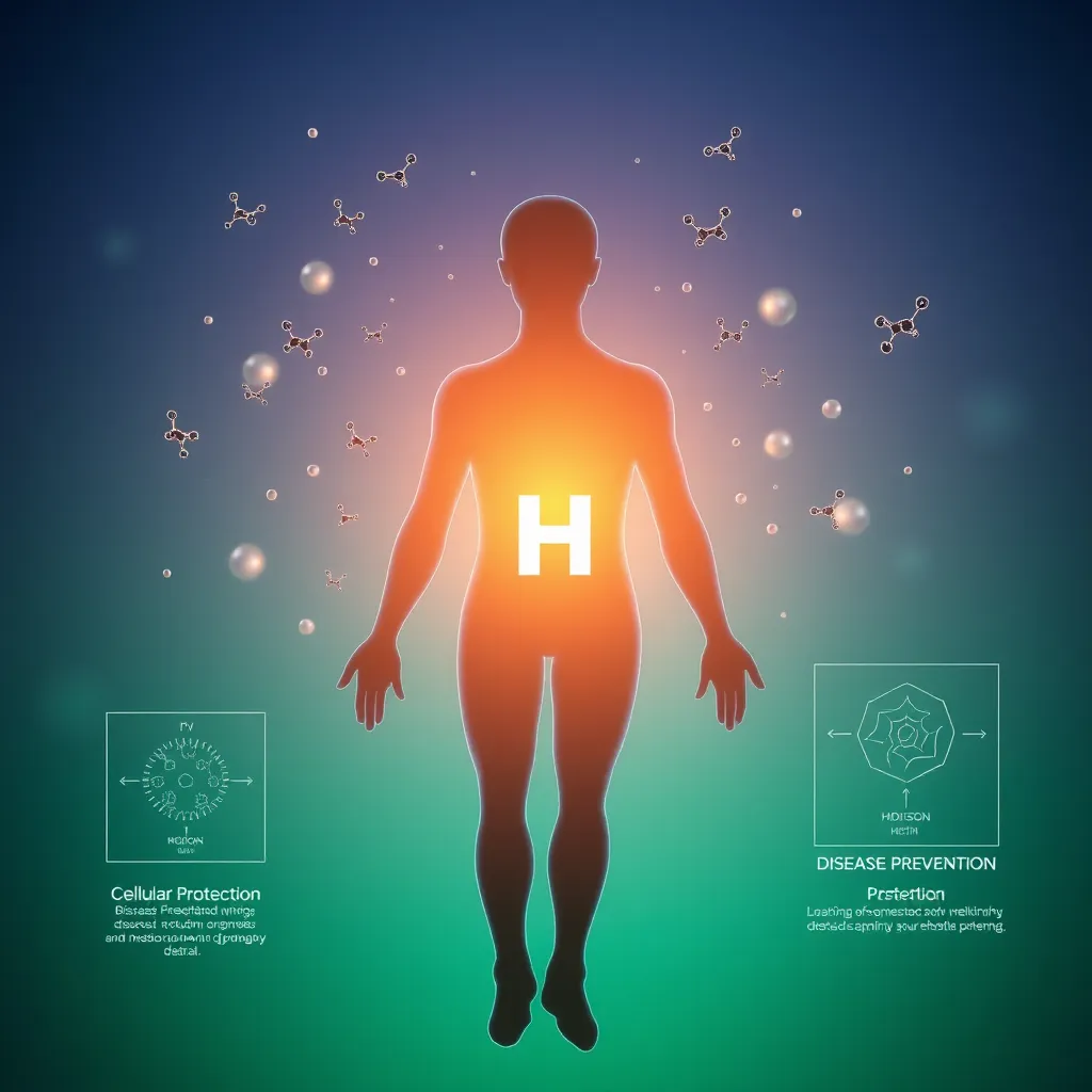 A conceptual image of a healthy human silhouette, surrounded by floating molecular hydrogen symbols. The background is a gradient of blue and green, symbolizing wellness and vitality, with diagrams depicting cellular protection and disease prevention.