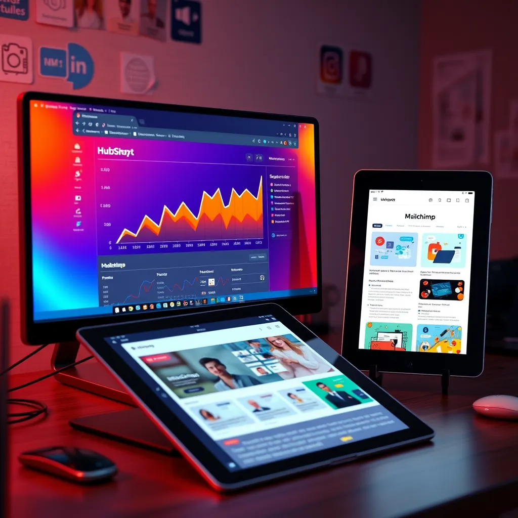 A desktop displaying a vibrant HubSpot interface with analytics graphs, next to it a tablet showing the Mailchimp app with email templates. The background includes elements of digital marketing like social media icons and email graphics.